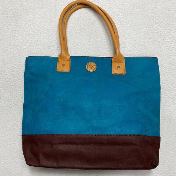 Tory Burch Jaden Bag Coconut Blue Brown Canvas Leather Shopping Tote Purse Women - Picture 1 of 12